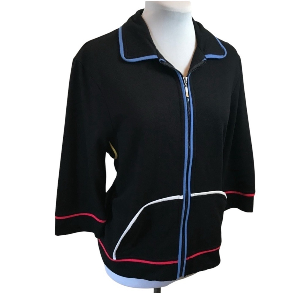Onque Casual Vintage Black Zip Front Jacket Colored Piping Size XL - Picture 2 of 7